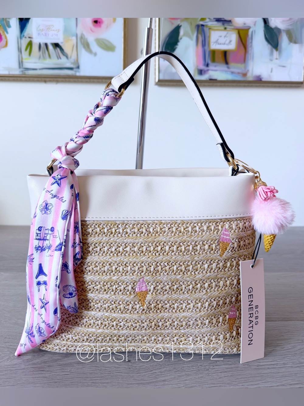 BCBGeneration Straw Crossbody Satchel with Ice Cream Cones and Scarf